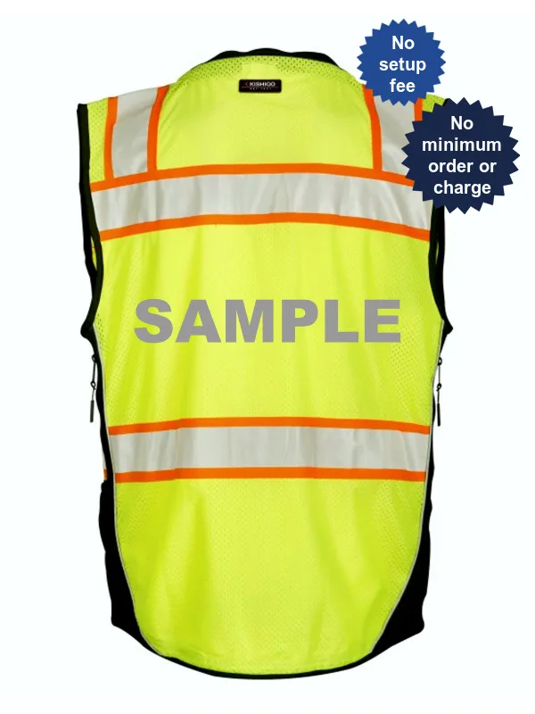 Kishigo Lime, Premium Black Series Surveyors Vest, Class 2, Medium w/Custom Reflective Text